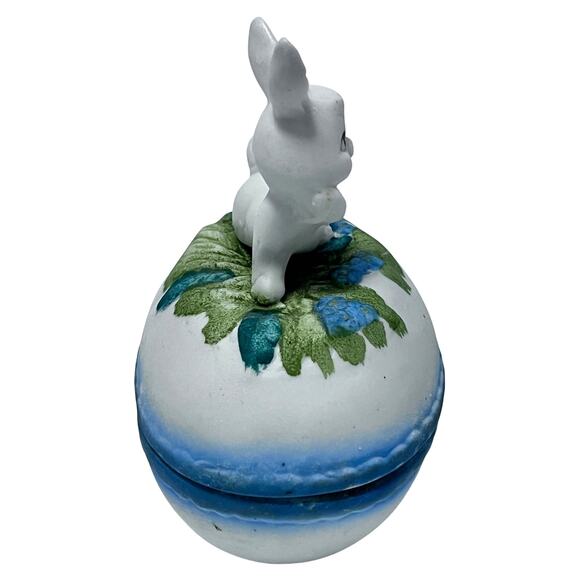 Bisque Bunny Rabbit Egg-Shaped Covered Trinket Candy Dish 5" Easter Decor VTG - Picture 2 of 7